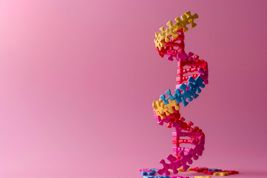 A conceptual photo illustrating Lynch syndrome through a DNA helix made of puzzle pieces, with some scattered beside symbolizing genetic mutation and instability.
