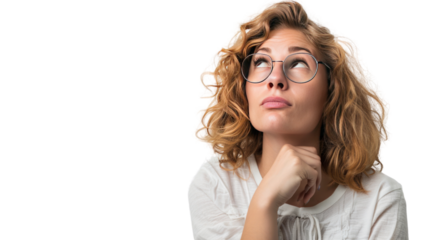 woman looking up making a decision against. Isolated on transparent background.