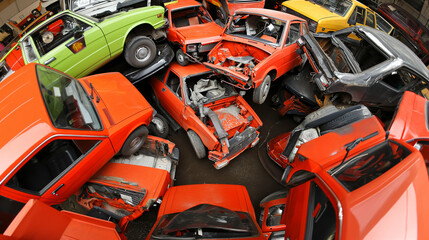 The image shows a room filled with various cars, some of which are in working condition and others are not. The cars are of different colors - Powered by Adobe