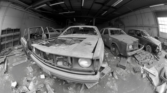 A black and white photo of a garage with four old cars inside. The cars are in various states of disrepair, with one missing its hood and parts scattered around it. The garage is filled with debris ca
