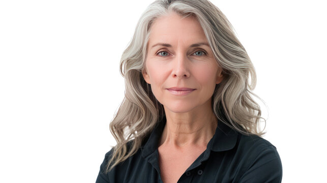 Head and shoulders portrait of mature woman. Isolated on transparent background.