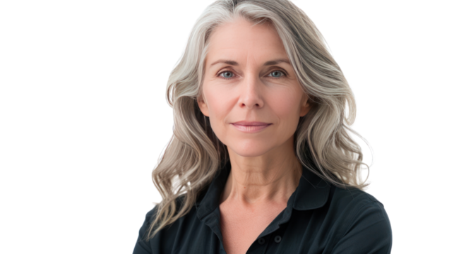 Head and shoulders portrait of mature woman. Isolated on transparent background.