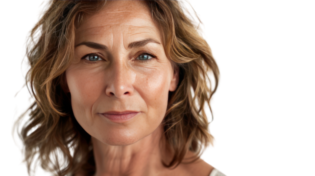 Head and shoulders portrait of mature woman. Isolated on transparent background.