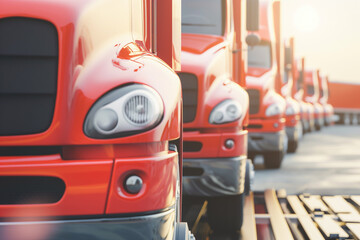 Red trucks parked closely in a line