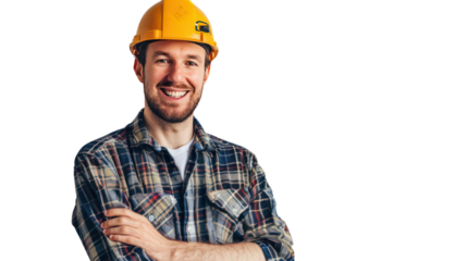 Detailed close-up view of worker wearing hat isolated on transparent background.