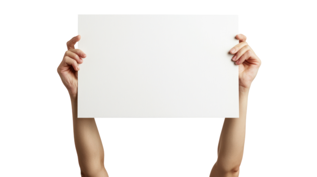 Hands holding blank sign. Isolated on transparent background. - Powered by Adobe