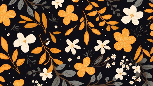 Orange leaves and flowers seamless pattern 