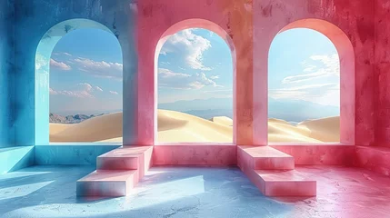 Foto auf Alu-Dibond 3d Render, Abstract Surreal pastel landscape background with arches and podium for showing product, panoramic view, Colorful dune scene with copy space, blue sky and cloudy, Minimalist decor design © Jennifer