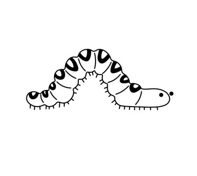 Vector isolated one single cute funny cartoon crawling caterpillar side view colorless black and white contour line easy drawing