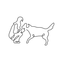 Vector isolated woman with dog side view one single contemporary line art tattoo colorless black and white contour line easy drawing