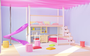 children room with bed and school table play slide