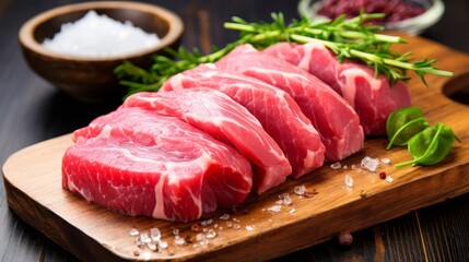 Fresh raw fillet steak and sashimi on wooden board background