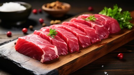 Fototapeta premium Fresh raw fillet steak and sashimi on wooden board background
