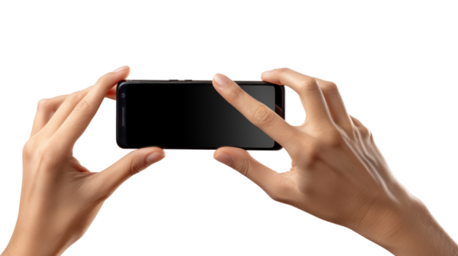 Female's Hands Playing on Smartphone, Isolated on a transparent background.