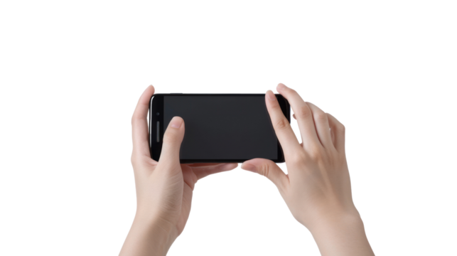 Female's Hands Playing on Smartphone, Isolated on a transparent background.