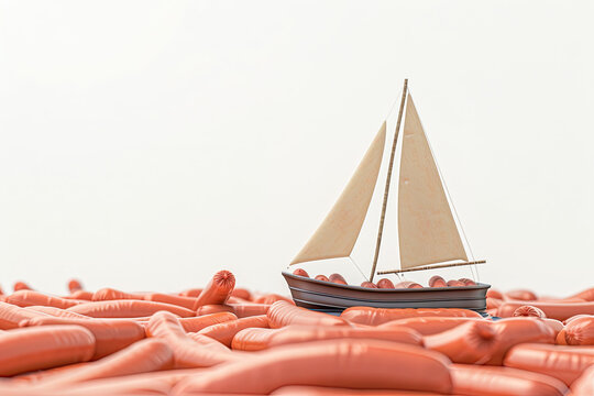 a sailboat on a sea of hot dog sausages, white background, slightly visible shade, hyperdetailled,HD image