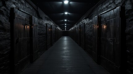Fototapeta na wymiar Dark hallway with doors and lights in dark cellar