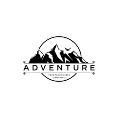 Fototapeta na wymiar vintage adventure logo, mountain sunset, beach logo, outdoor logo, adventure vintage logo, mountain travel, mountain logo, mountain silhouette with pine tree logo vector 