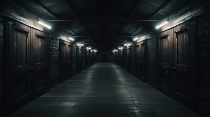 Fototapeta na wymiar Dark hallway with doors and lights in dark cellar