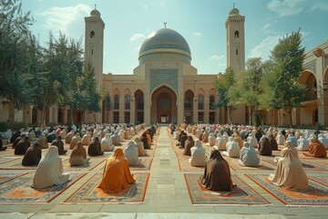 Peaceful outdoor area at an traditional Islamic school with rows of female students in hijab...
