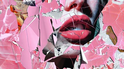 An art collage design for 14 February. With hands and lips. Contemporary banner template. Cut out on a pink glue texture. New wave style for Generation Z.