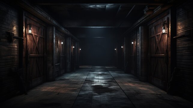 Dark hallway with doors and lights in dark cellar