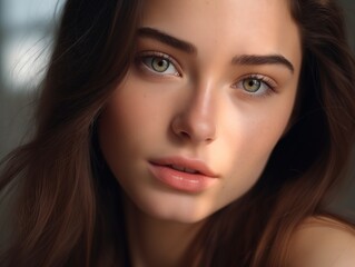 beautiful Russian girl with long brown hair and gray eyes