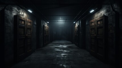 Dark hallway with doors and lights in dark cellar