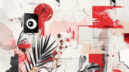 Stylish modern advertising poster design with red, black and white elements on a collage grunge banner. Loudspeaker announcing crazy promotions. Doodle elements on retro poster.