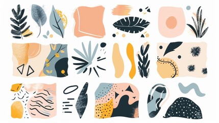 A set of abstract modern organic shapes with childish design elements. There are various figures and simple cutouts for kids. - obrazy, fototapety, plakaty