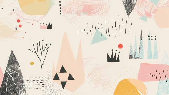 A modern collection of cute geometric shapes with soft gradients and textures. Triangles, hearts, crowns, pencils, and markers. Modern pack elements.