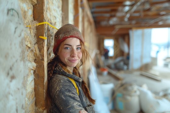 Portrait of pretty young girl volunteer standing on costruction site, helping to renovate home for homeless and destitute people. Helping hand, support and assistance for poverty people