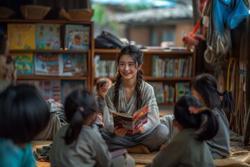 Young pretty asian volunteer female reading aloud to a group of children at a public library, fostering a love for learning and literature. Education and schooling concept