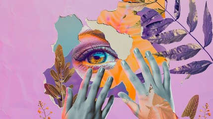 This is a collage element of hands looking at each other. Isolated on a purple background, it is in a psychedelic pop art style. Modern trendy illustration.