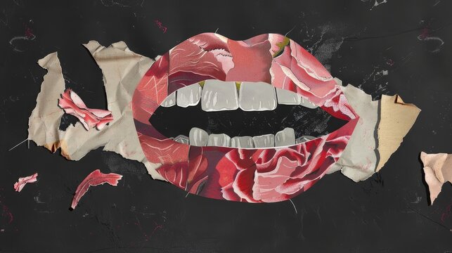 True crime podcast cover. Modern collage with textures and doodles on black background. Open mouth with teeth and red like.