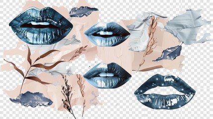 Scream of a woman. Collage-cut blue lips from a magazine. Modern objects on transparent background. - obrazy, fototapety, plakaty