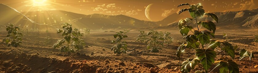 Bitcoin mining rig discovered on Mars, with a backdrop of saplings. - obrazy, fototapety, plakaty