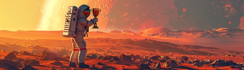 Astronaut celebrating with a trophy beside a newly planted forest on Mars.