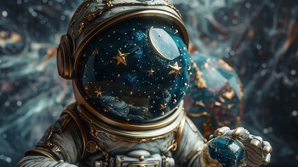 Naklejka premium Trophy engraved with celestial patterns floating in space, astronaut reaching out.