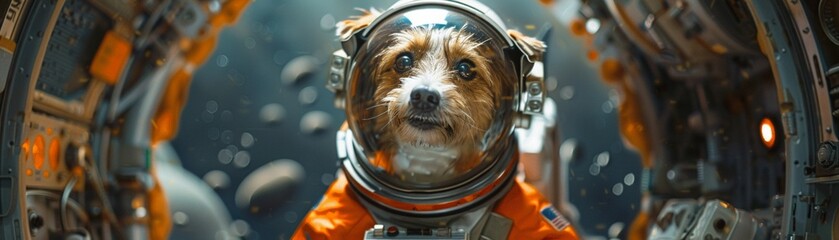 Dog in a miniature astronaut costume floating in a space station. - obrazy, fototapety, plakaty
