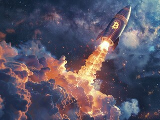 Obraz premium Rocket designed with Bitcoin symbols launching into a starry sky.