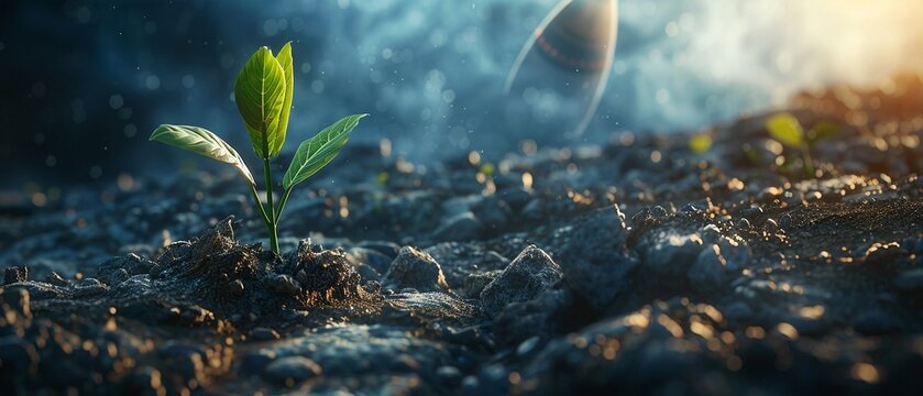 Sapling sprouting on a rocket, blending technology and nature.