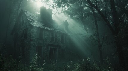 A ray of light slicing through the gloom of a haunted house, revealing hidden beauty.