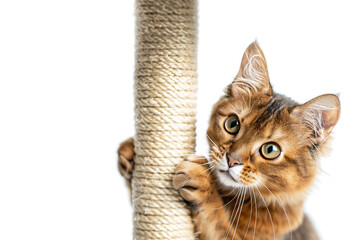 Ginger somali  cat with a cat pole - a scratching post against the background of the living room. Teaching a pet to a scratching post. - obrazy, fototapety, plakaty