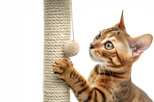 Awesome cute bengal cat scratching scratching post,  on white background, copy space for text.