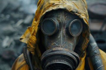 A man wearing a gas mask and yellow raincoat. Suitable for environmental disaster concept
