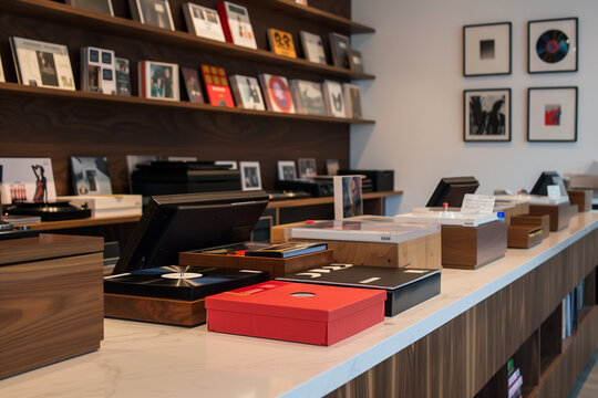 vinyl record store's checkout counter with stylish packaging and gift options, emphasizing the appeal of vinyl as a chic and thoughtful gift