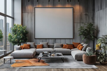 Living room in apartment with plush grey sectional sofa adorned with orange cushions, surrounded by green plants, against a backdrop of large, empty picture frame and windows showcasing city skyline