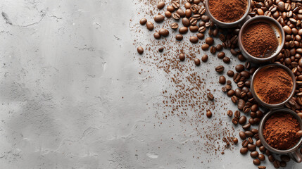 Coffee beans and ground coffee on gray background with blank space above view. Generative AI