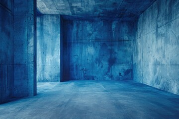 Empty Blue Cement Room with Grunge Wall Texture and Concrete Floor - Interior Background View in Perspective